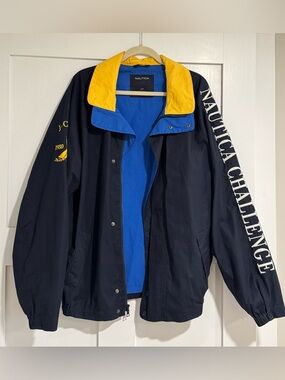 Nautica Navy Windbreaker Jacket Yellow Collar and Royal Blue Lining Large Tall